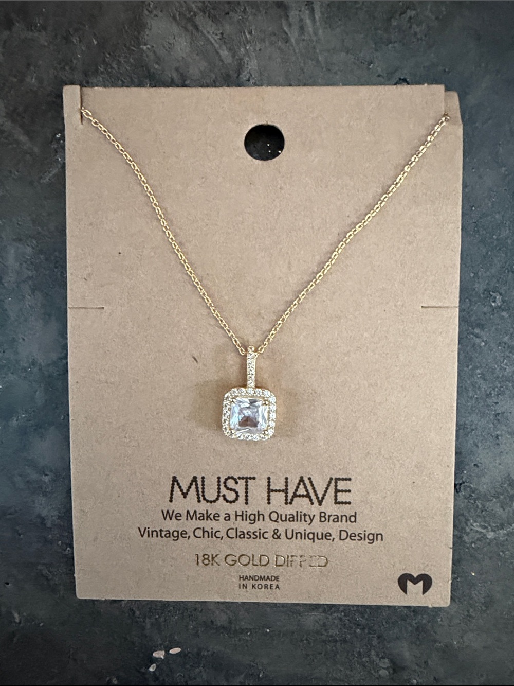 Must Have Gold Square Halo Pendant Necklace with Clear Stone - Women Jewelry - Picture 6 of 6